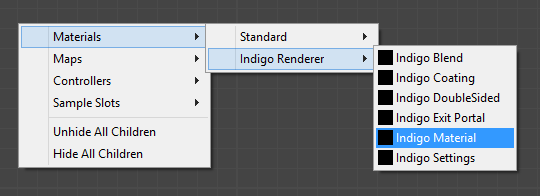 Selecting an Indigo Renderer material for creation