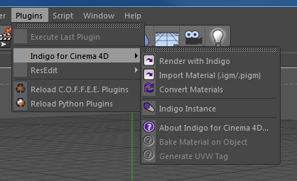 Indigo for Cinema 4D Plugin menu