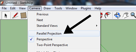 Selecting Parallel Projection from the Camera menu